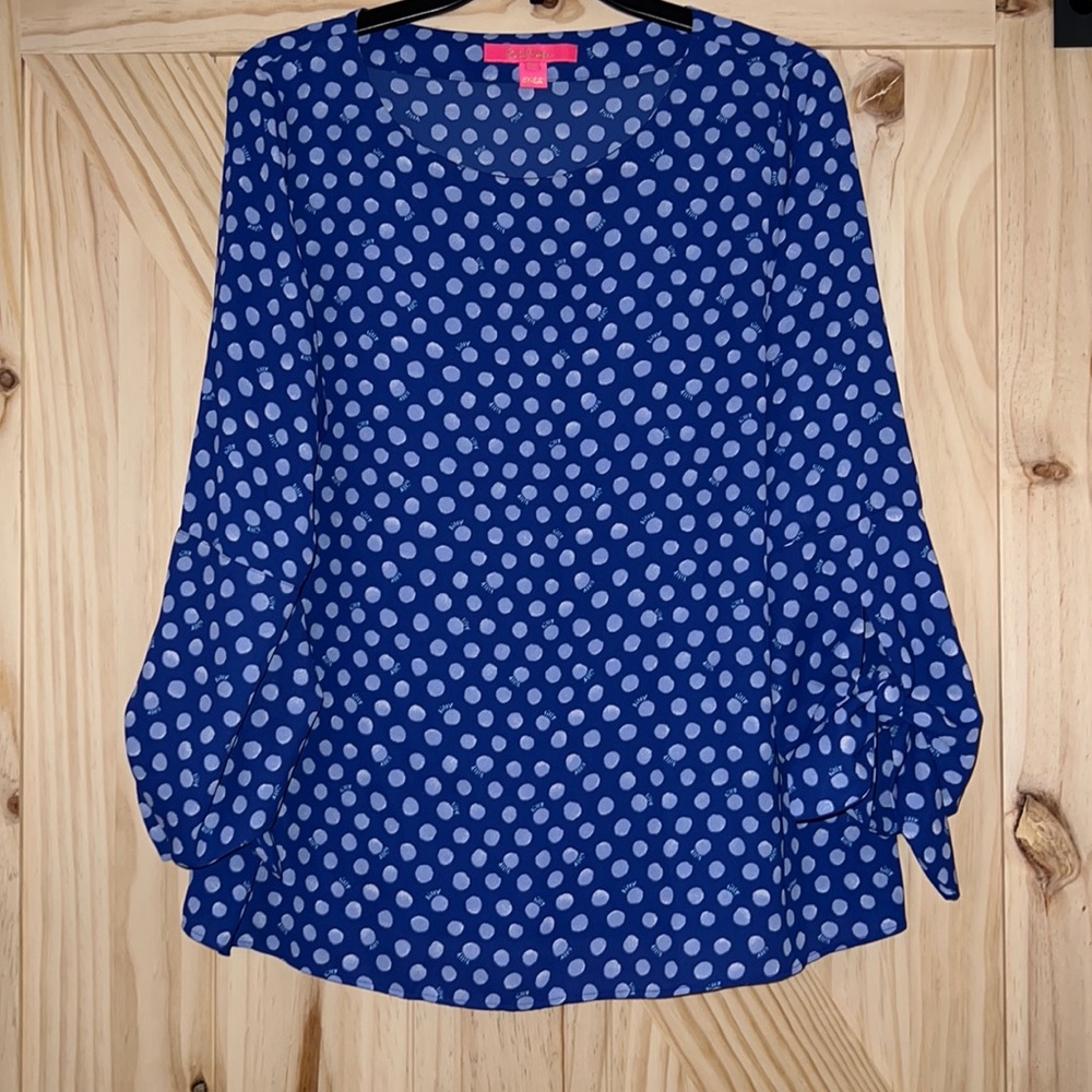 Lilly Pulitzer Polka Dot Langston Top Blouse Blue Tie Sleeve M